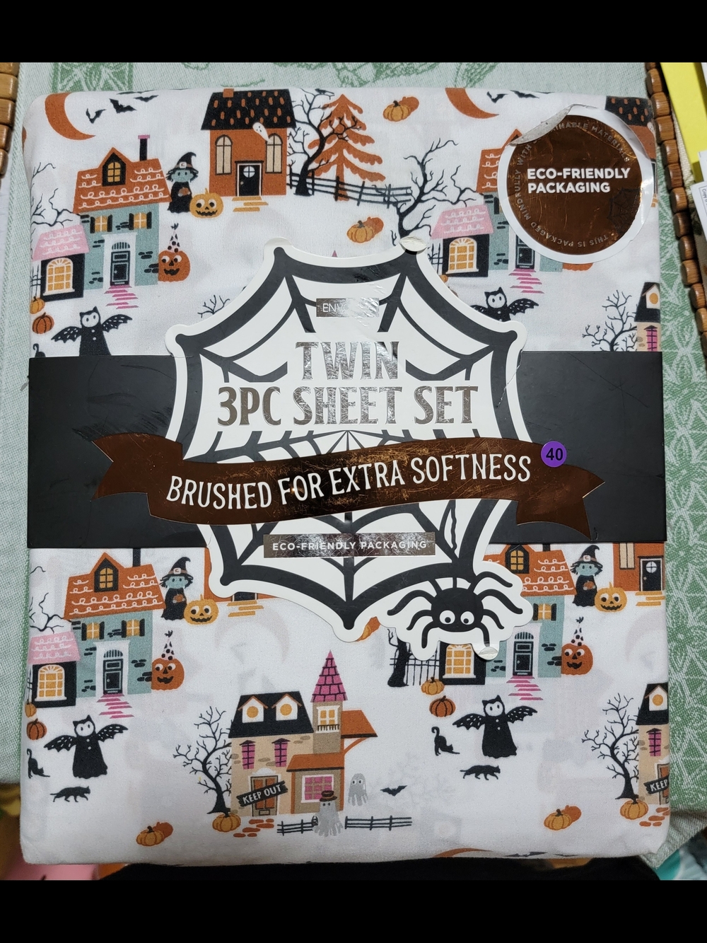 Adorable Twin 3pc Halloween Sheet Set - White with Orange & Black Spooky Village